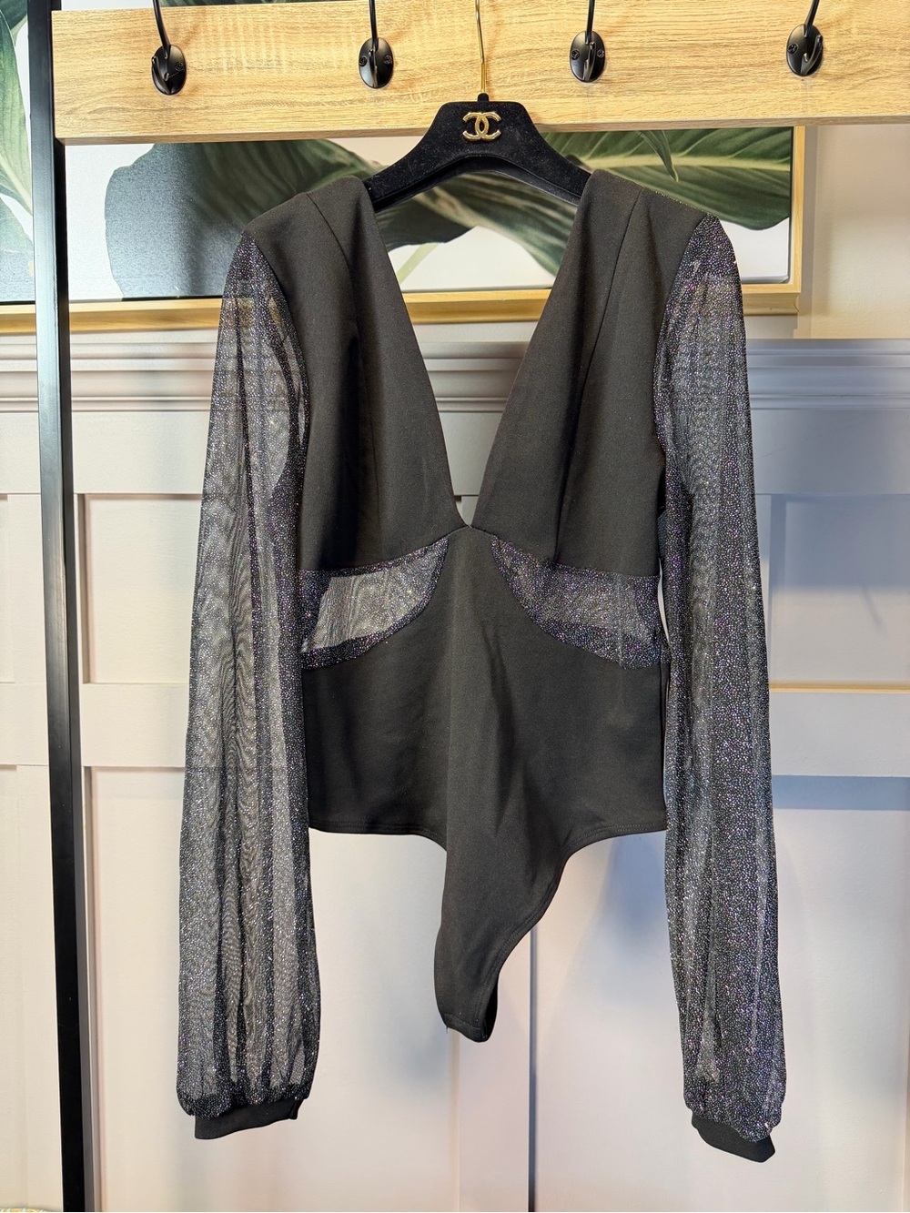 Revamped Black Sheer-Sleeve V-Neck Bodysuit L